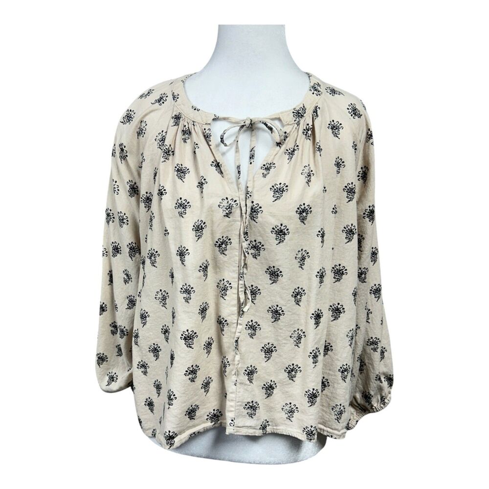 A New Day Boho Print Peasant Puff Sleeve Blouse Sz M Cream